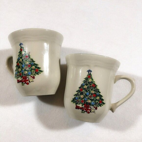 Christmas Tree Mug Set 2 Pair Couple Winter Holiday Ceramic Beige Restaurant - Picture 1 of 10
